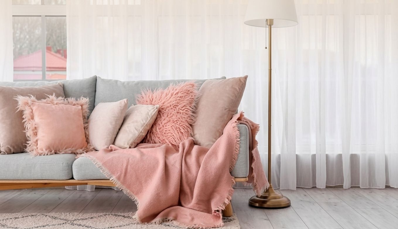 Accogliente divano rosa con cuscini e coperta accanto a una lampada da terra in un soggiorno luminoso e arioso.