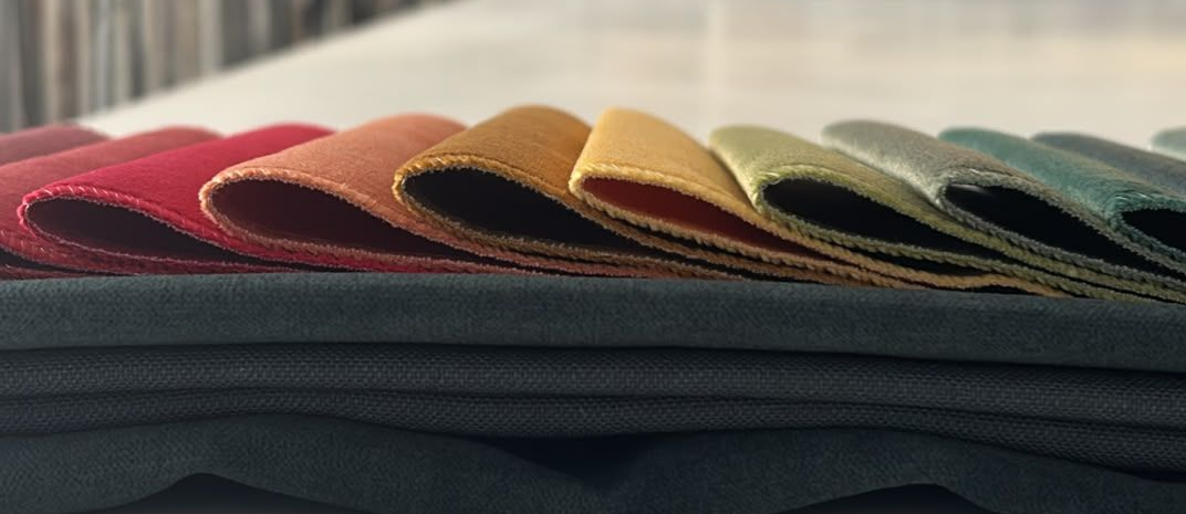 Ritagli di tessuto colorati impilati in fila su una superficie scura