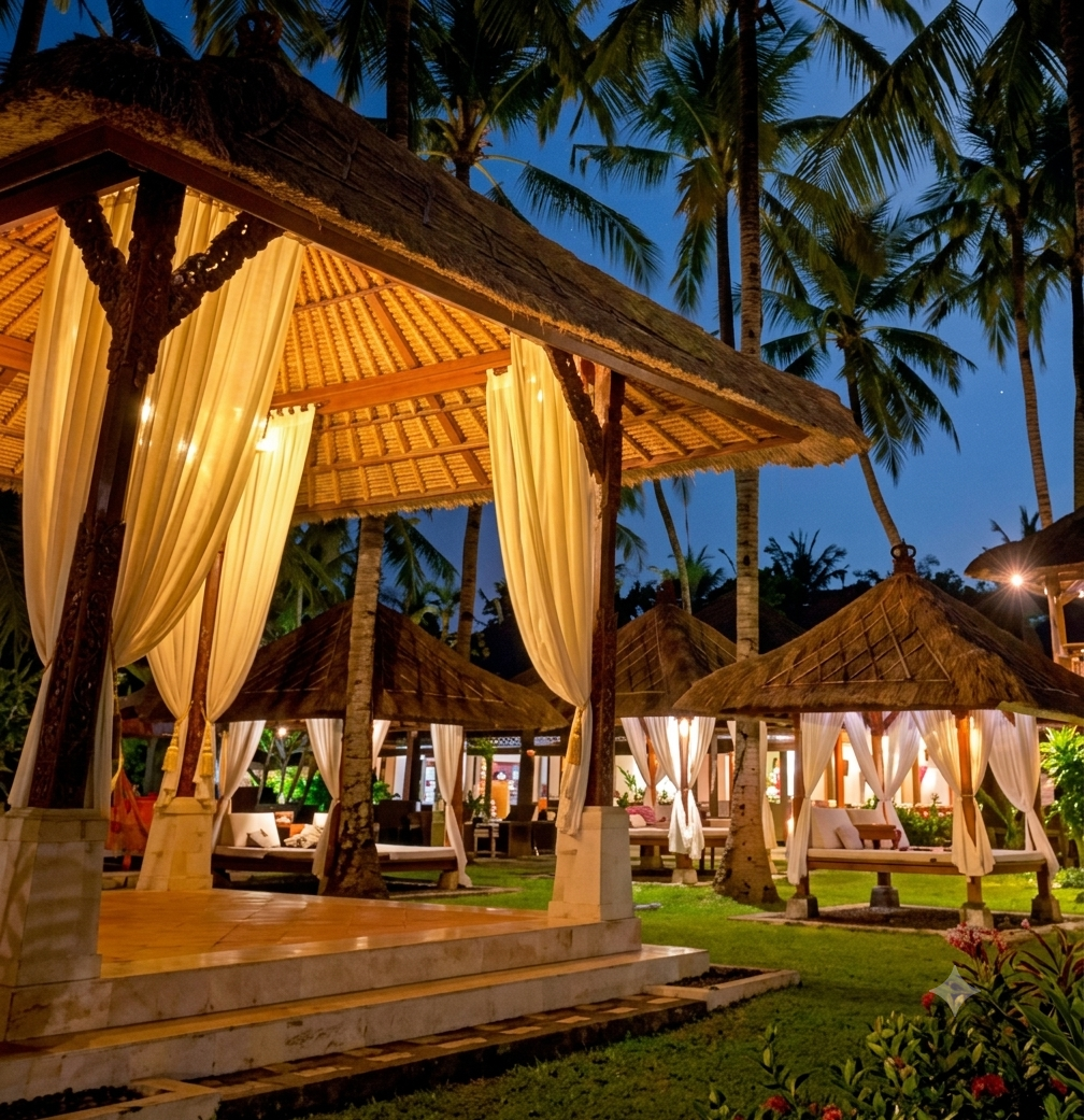 Cabana in un resort tropicale illuminata al crepuscolo, con palme e zone salotto separate da tende.