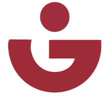 Abstraktes Logo in Kastanienbraun mit einem Punkt über einer stilisierten G-Form auf weißem Hintergrund