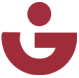 Stilisiertes, bordeauxrotes „G“-Logo mit einem kreisförmigen Punkt darüber auf weißem Hintergrund