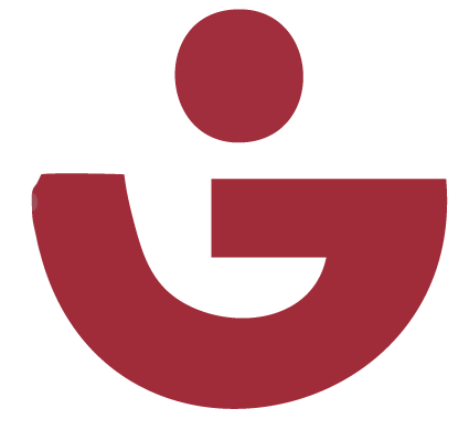 Kastanienbraunes, stilisiertes G-Logo mit einem Punkt darüber auf weißem Hintergrund