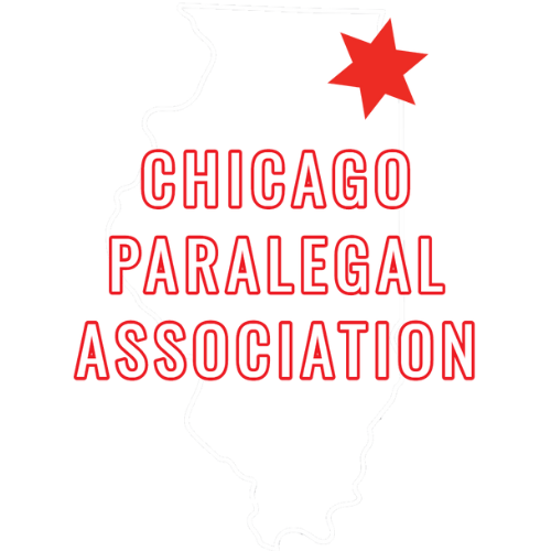 Chicago Paralegal Association logo: Red text over a white Illinois outline, a red star marks Chicago.