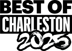 A black and white logo for the best of charleston in 2025.