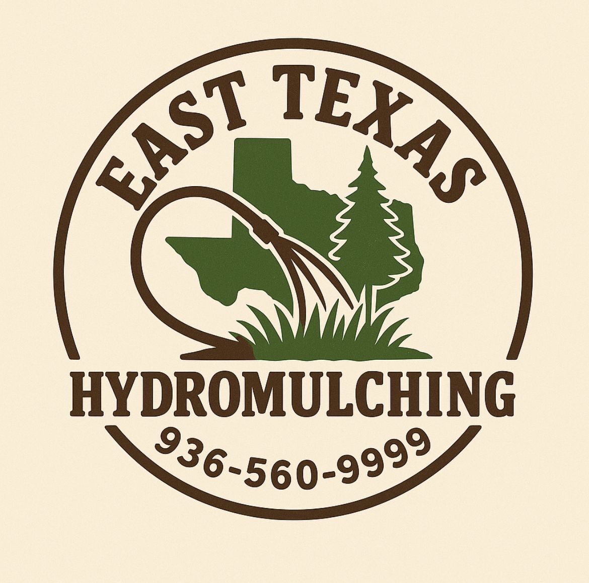 East Texas Hydromulching logo with Texas outline, tree, hose spraying grass, brown and green.