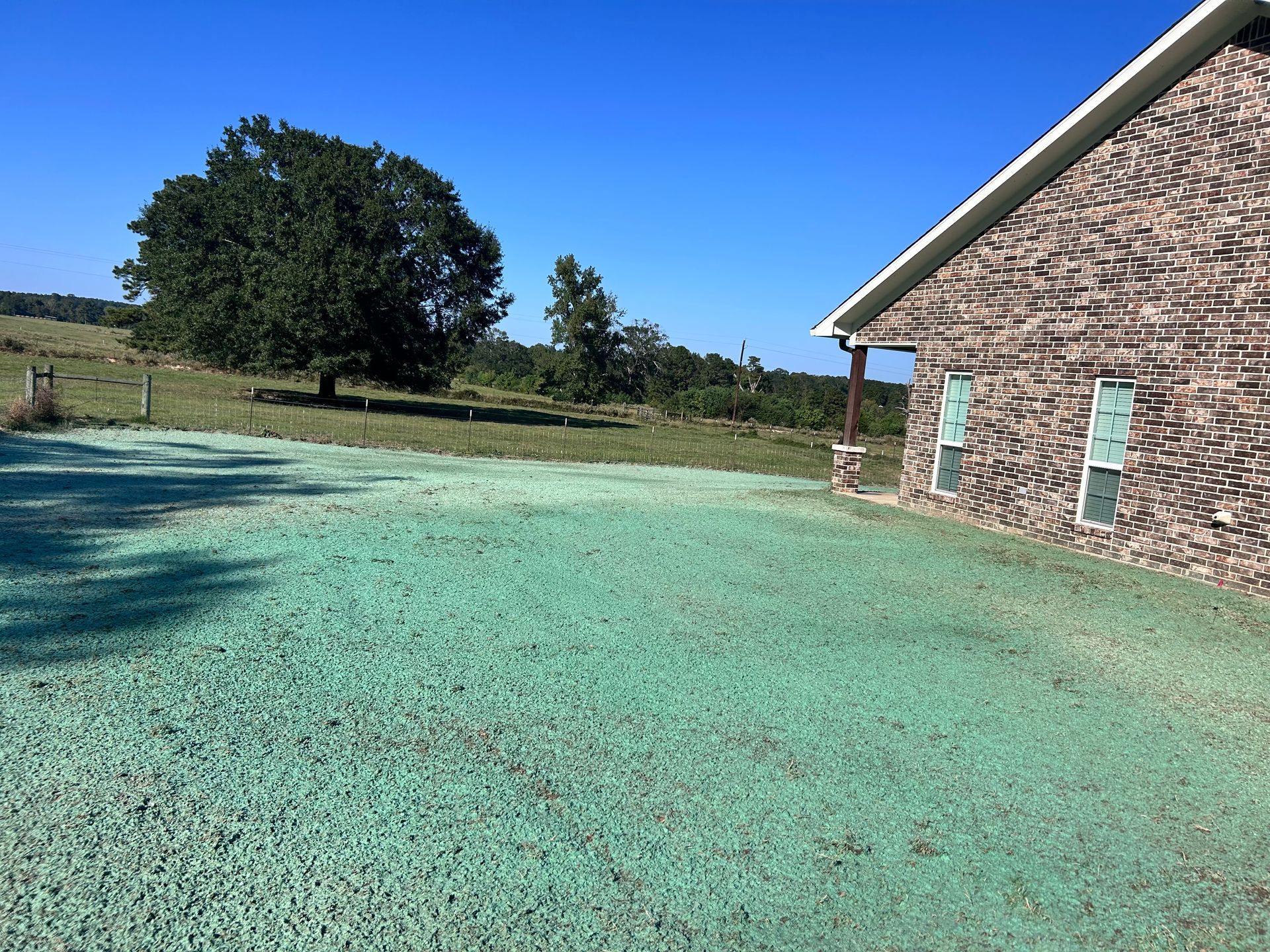 A house with a brick exterior and a green lawn under a clear blue sky. A tree is in the distance.