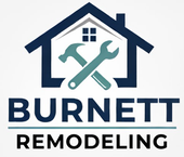 Logo for Burnett Remodeling: blue house outline with crossed hammer and wrench, above "BURNETT REMODELING" in dark blue and teal.