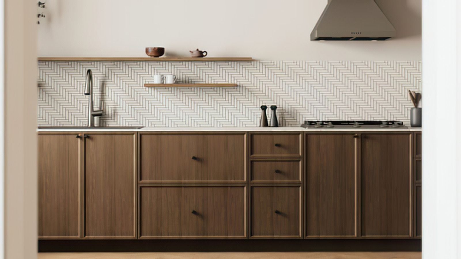 Modern minimalist kitchen with wood cabinets, white tile backsplash, and stainless steel range hood