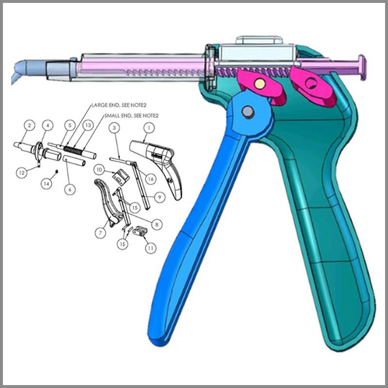 A diagram of a syringe with a blue handle