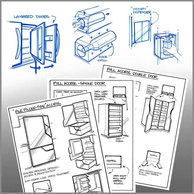 A bunch of hand drawn sketches showing product concept ideation