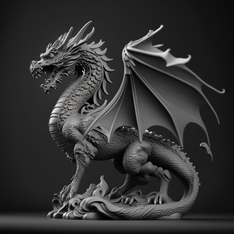 an SLA (stereo lithography)  3d print of a black and white statue of a dragon with wings