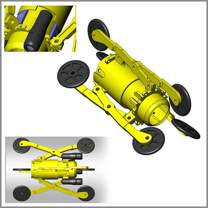 A drawing of a yellow robot with four wheels
