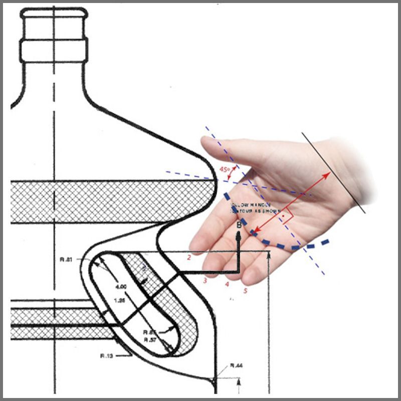 An ergonomics  drawing of a hand  reaching for a 5 gallon bottle