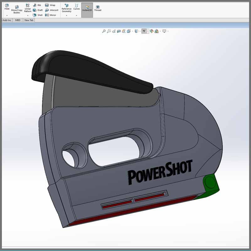 A 3d CAD model of a powershot stapler on a computer screen