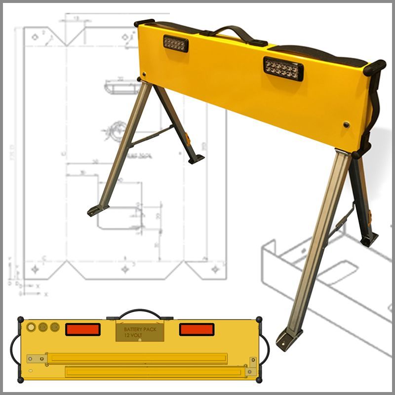 A mechanical drawing of a yellow workbench with a handle