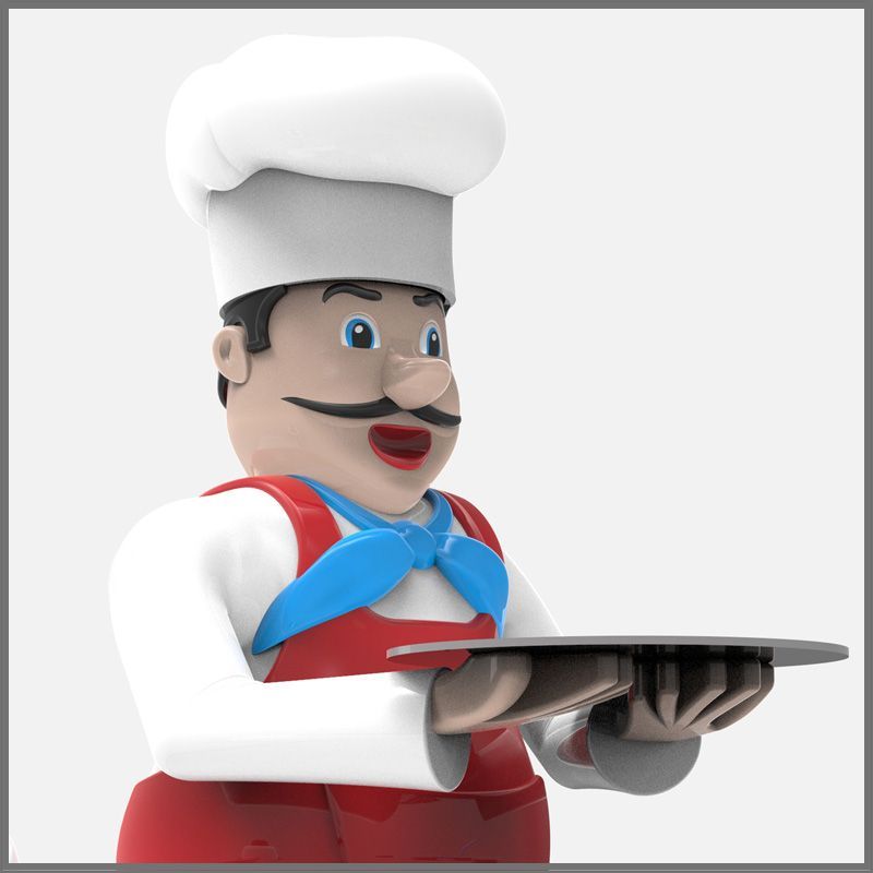 A prototype of a cartoon chef is holding a tray in his hands for a game concept
