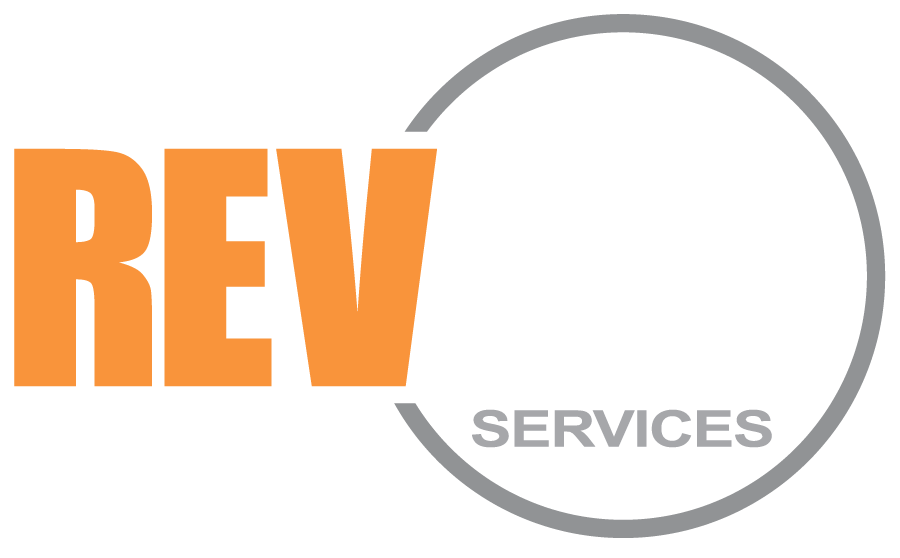 The rev services logo is orange and gray on a white background.