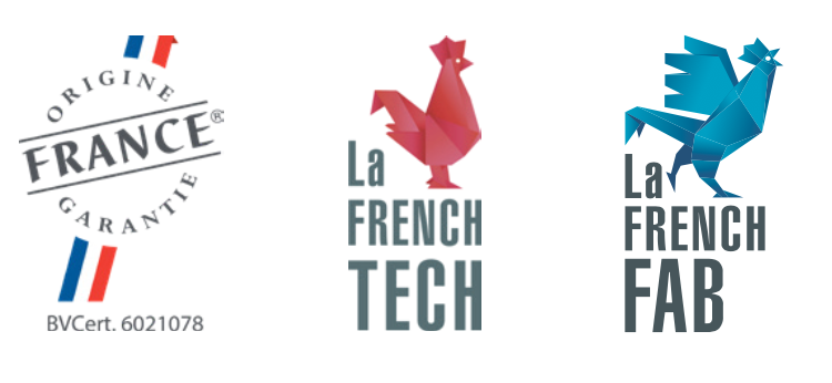 Logos de certification français : France Garantie, La French Tech et La French Fab en bleu, blanc et rouge.