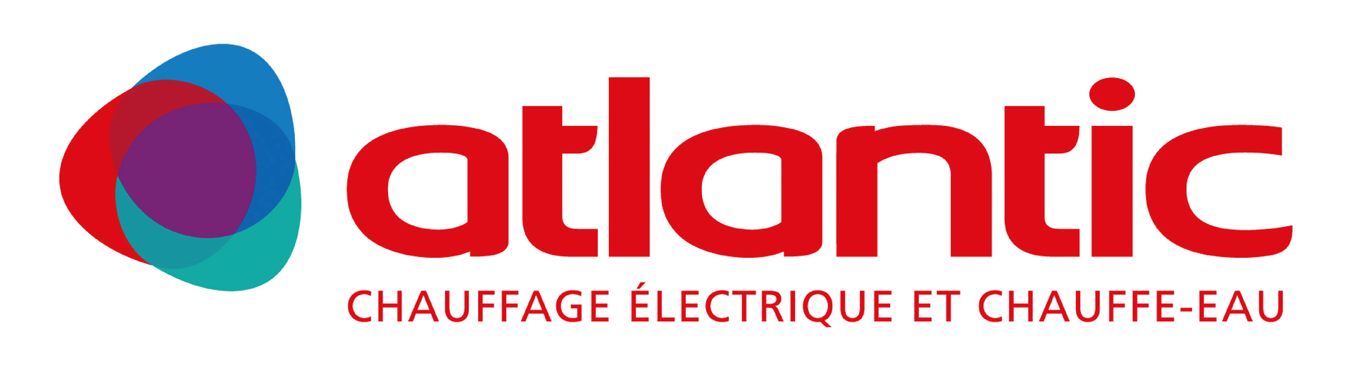 Logo Atlantic avec icône circulaire bleue et turquoise et texte rouge, sous-titre « chauffage électrique et chauffe-eau »
