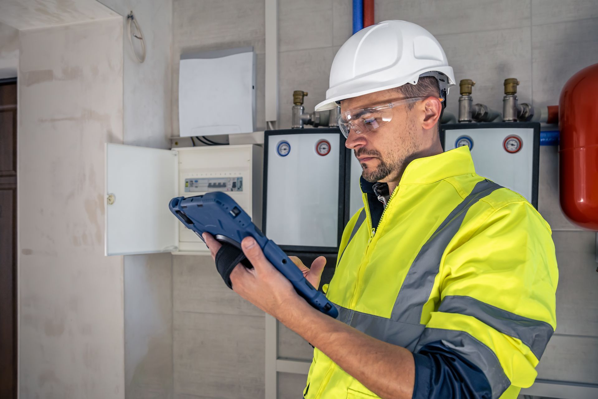 Technicien portant un casque et un gilet de sécurité utilisant une tablette dans une salle électrique industrielle
