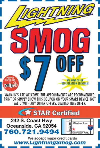 Lightning Smog coupon sign offering $7 off at Star Certified, with address and website at bottom