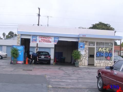Auto shop storefront with parked cars and “ACME SMOG” signs