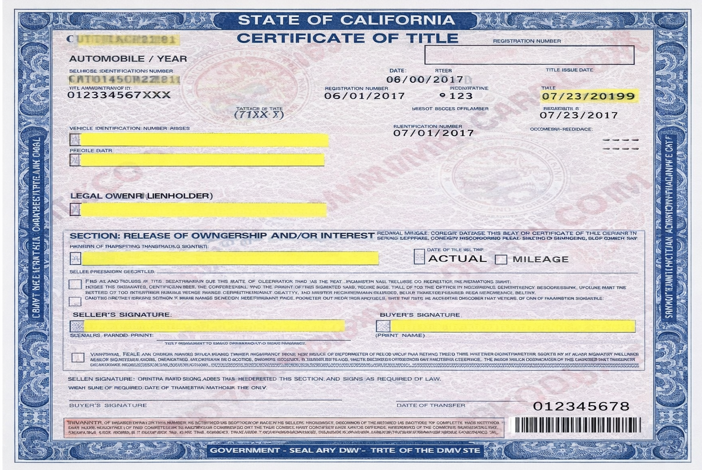 California certificate of title document with blue border and highlighted fields