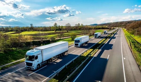 Line of white trucks driving on a sunny highway through green countryside