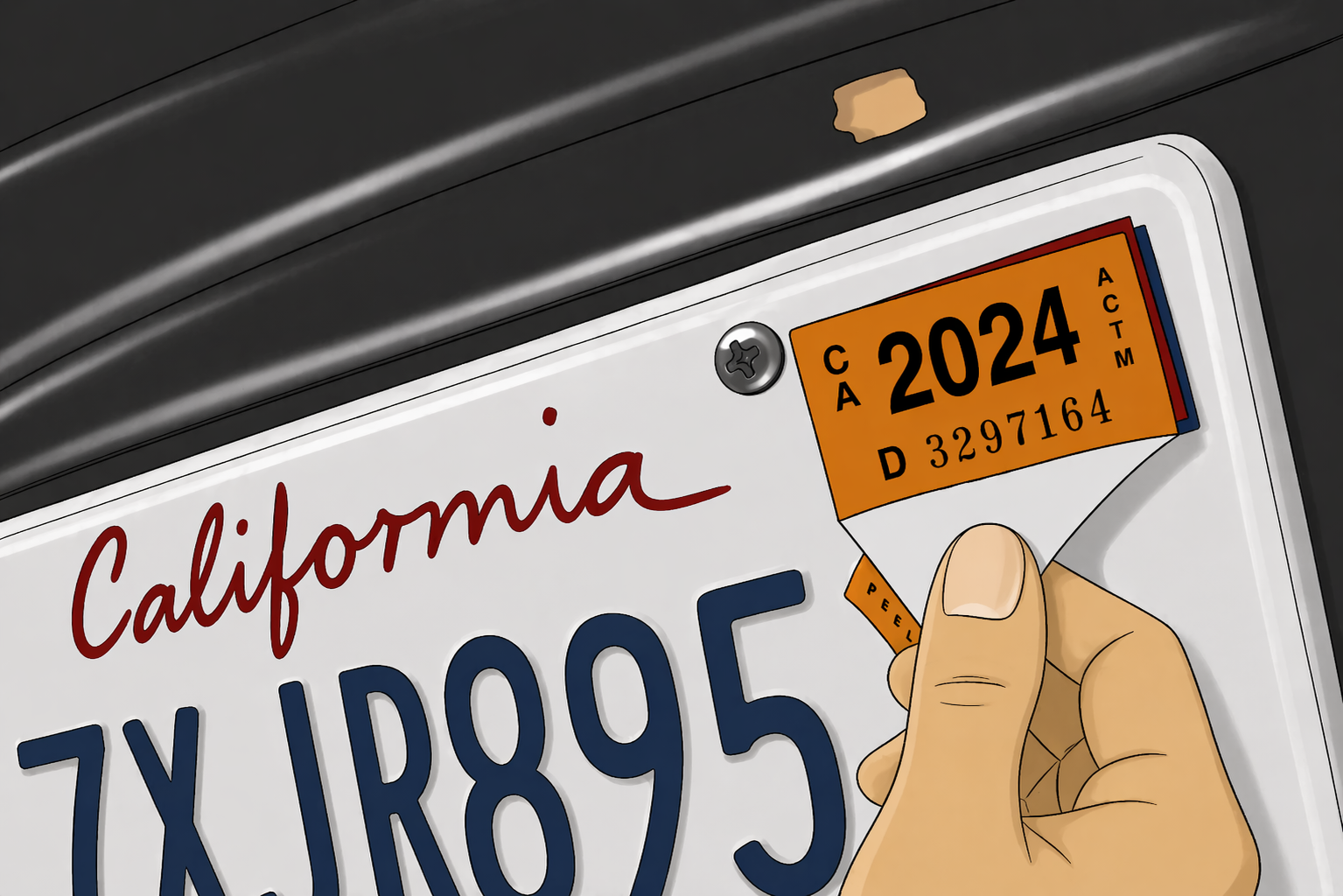Hand placing a 2024 California registration sticker on a California license plate