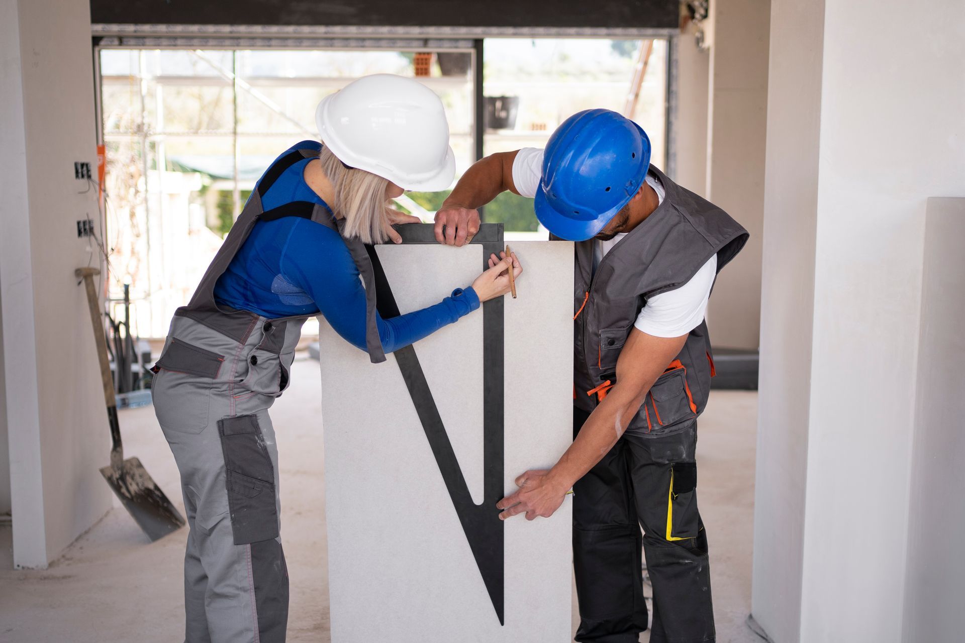 A man and a woman are working on a wall.