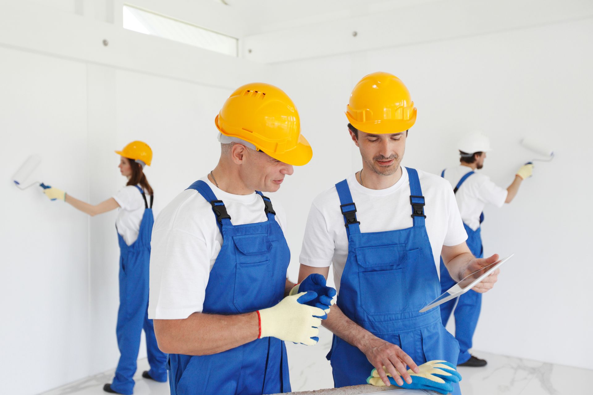 a group of construction workers are standing in a room looking at a tablet .