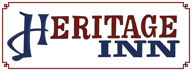 The logo for the heritage inn is blue and red.