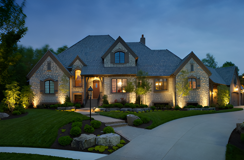 A multi-story stone home with an illuminated entrance and landscaped yard under a twilight sky.