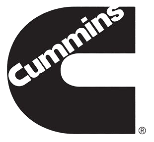 A black and white logo for Cummins, featuring the company name in bold white text angled inside a black letter C.