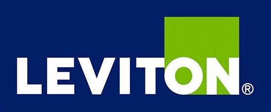 The Leviton brand logo with white text on a dark blue background and a bright green square behind the letters