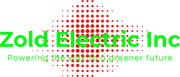Logo for Zold Electric Inc with green text, a red halftone dot background, and the slogan "Powering the way to a greener future."