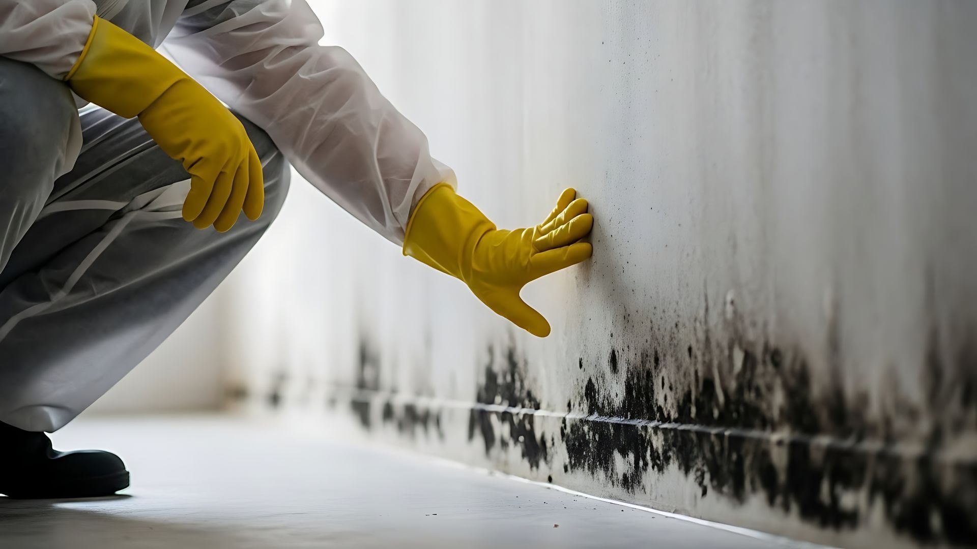 Mold Remediation Services - ServiceMaster by Gadonniex Close-up of the hands of a mold remediation specialist with protective gear touching a moldy wall.