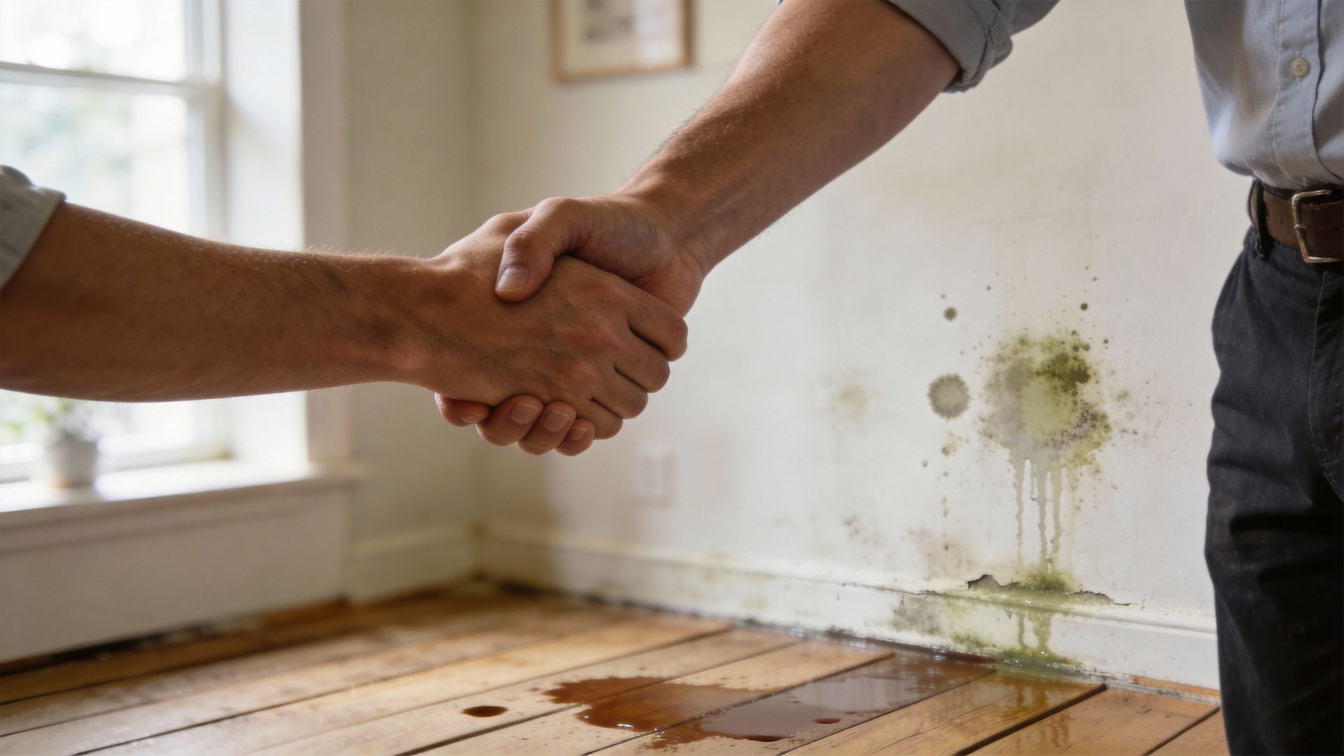 Handshake between homeowner and contractor in a room with water damage and mold. Handshake between homeowner and contractor in a room with water damage and mold.