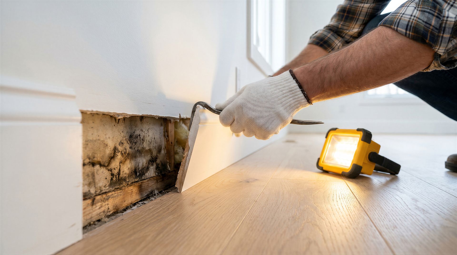 Person removing baseboard to inspect and repair mold damage behind a wall.