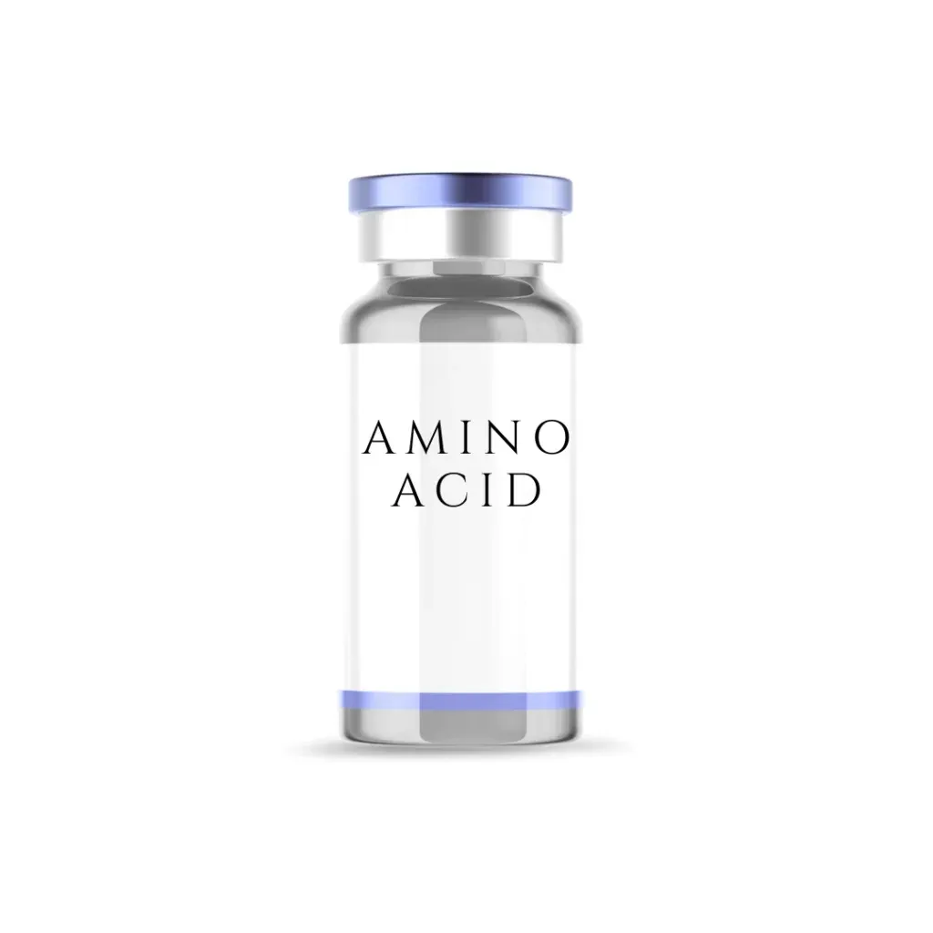 A bottle of amino acid on a white background.