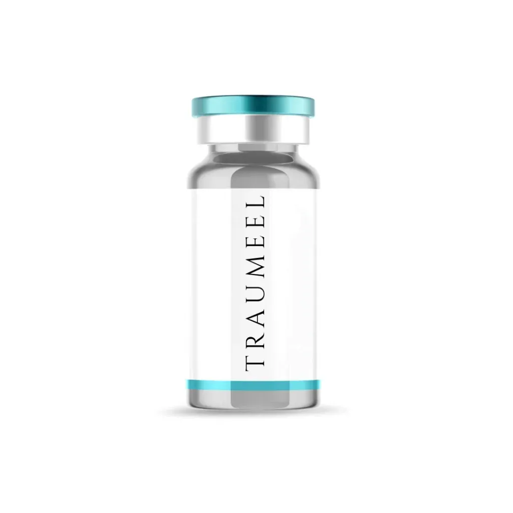 A bottle of traumeel is on a white background.