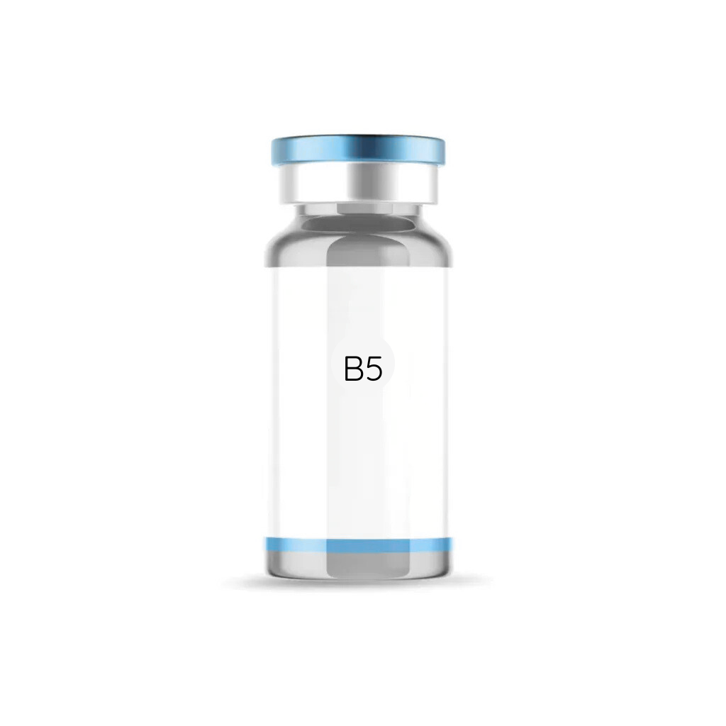 A glass bottle with a blue cap and a white label on a white background.