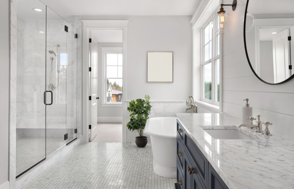 White Bathroom With Marble Countertop and Floor — GV painting in Shepparton, VIC
