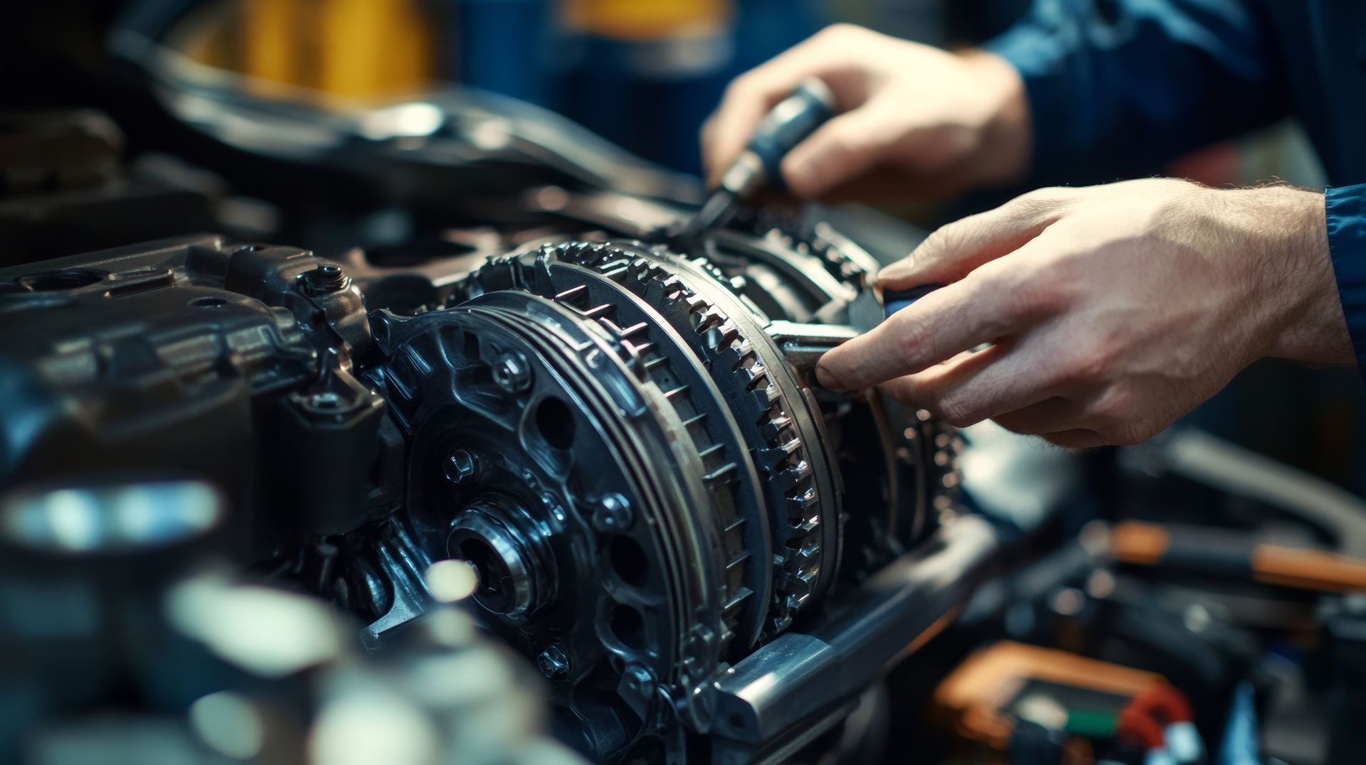 A mechanic's hands repairing an intricate car engine transmission with tools in a workshop.