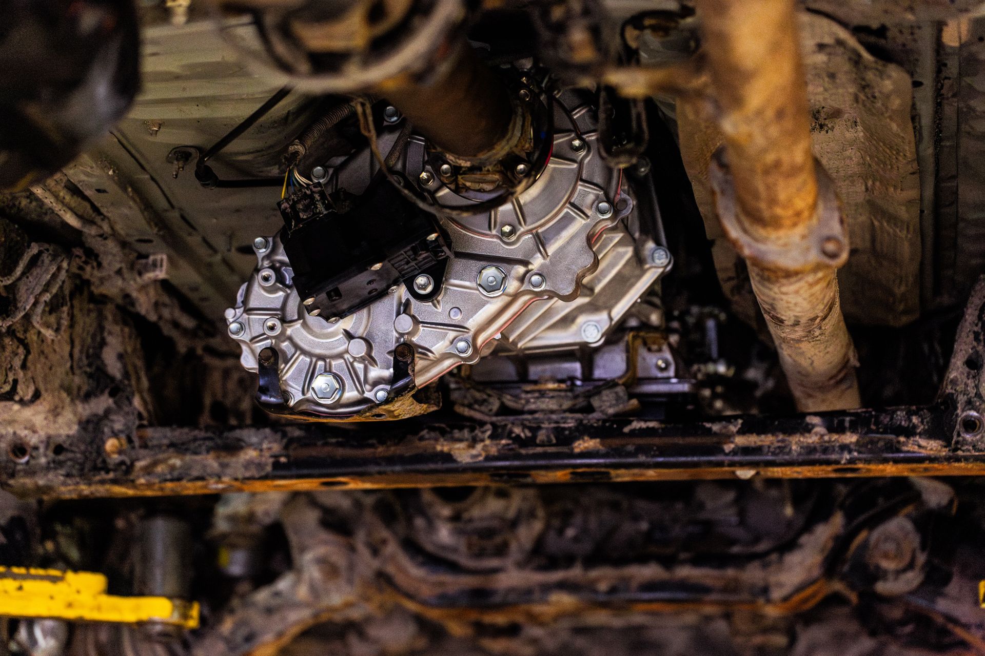 A newly installed transmission system on vehicles' undercarriage. A newly installed transmission system on vehicles' undercarriage.