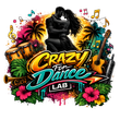 Logo colorato di Crazy for Dance LAB con coppia di ballerini, palme, chitarra, batteria, fiori e note musicali.