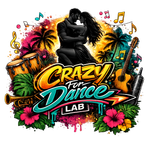 Logo colorato di Crazy for Dance LAB con coppia di ballerini, palme, chitarra, batteria, fiori e note musicali.