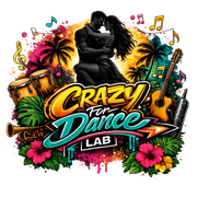 Logo colorato di Crazy for Dance LAB con coppia di ballerini, palme, chitarra, batteria, fiori e note musicali.