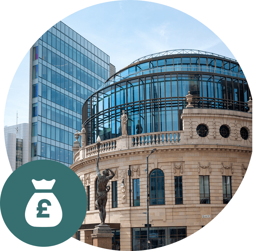A building with a glass dome and a statue next to a modern office building; a green money bag icon is in the foreground.