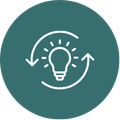 green circle with icon of a lightbulb inside of two arrows showing a cycle